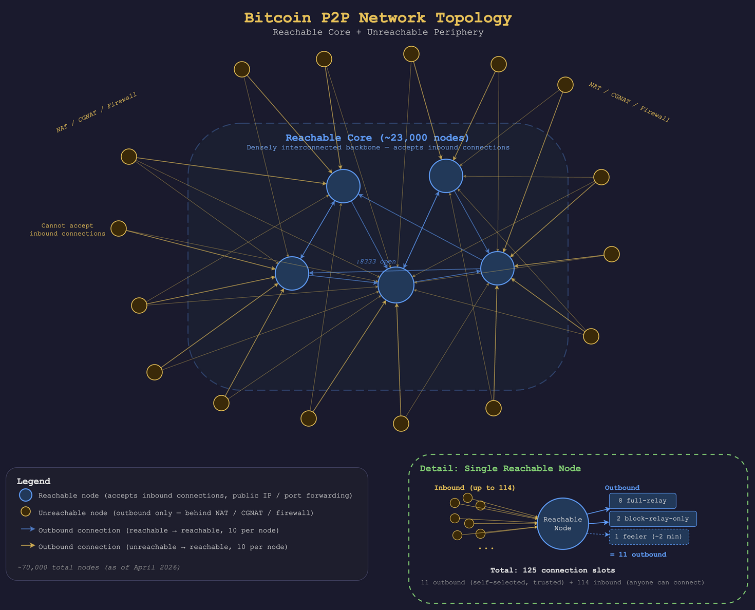 Bitcoin P2P network topology showing the densely interconnected reachable core and the unreachable periphery, with connection directionality and slot budget detail.