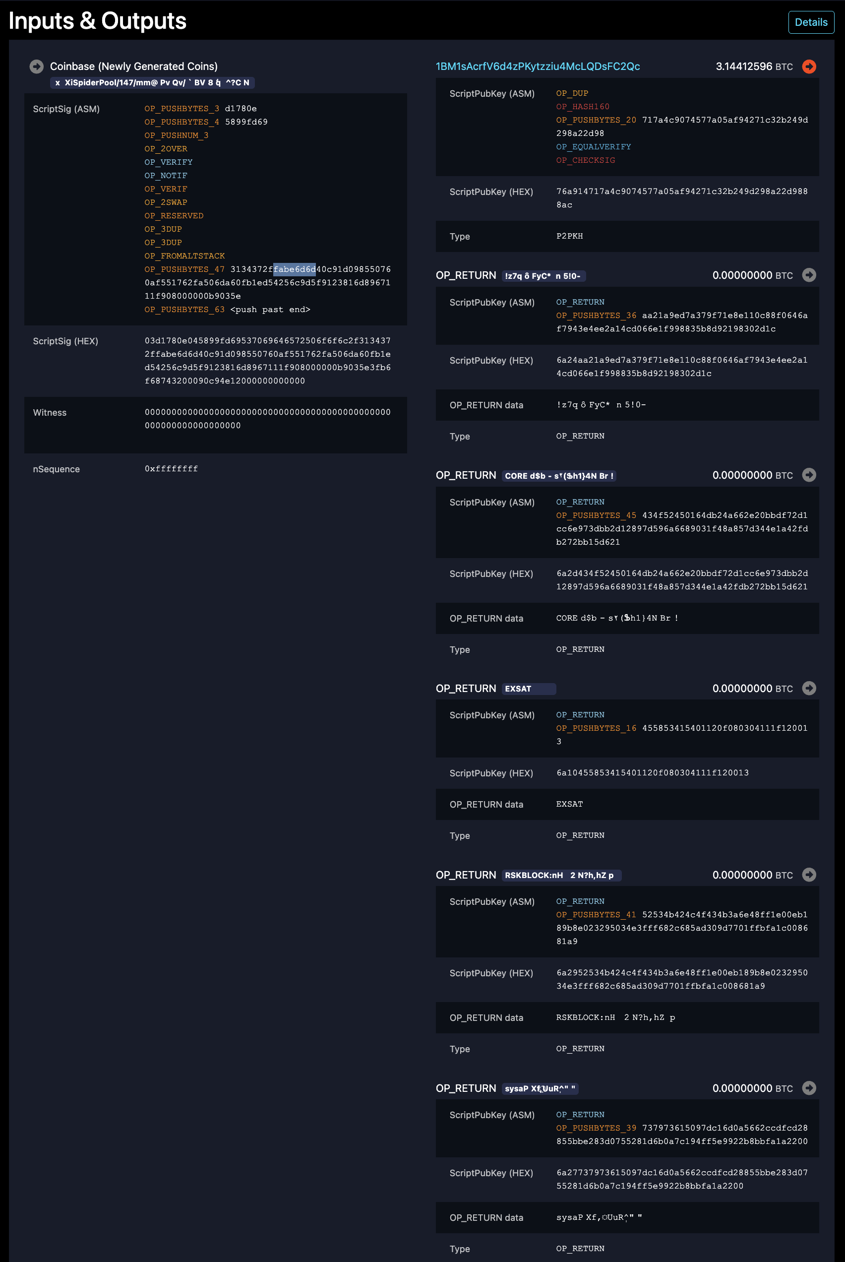 Block 948,433 coinbase on mempool.space: `scriptSig` on the left (with the `fabe6d6d` AuxPoW magic highlighted), P2PKH reward output and five `OP_RETURN` outputs on the right.