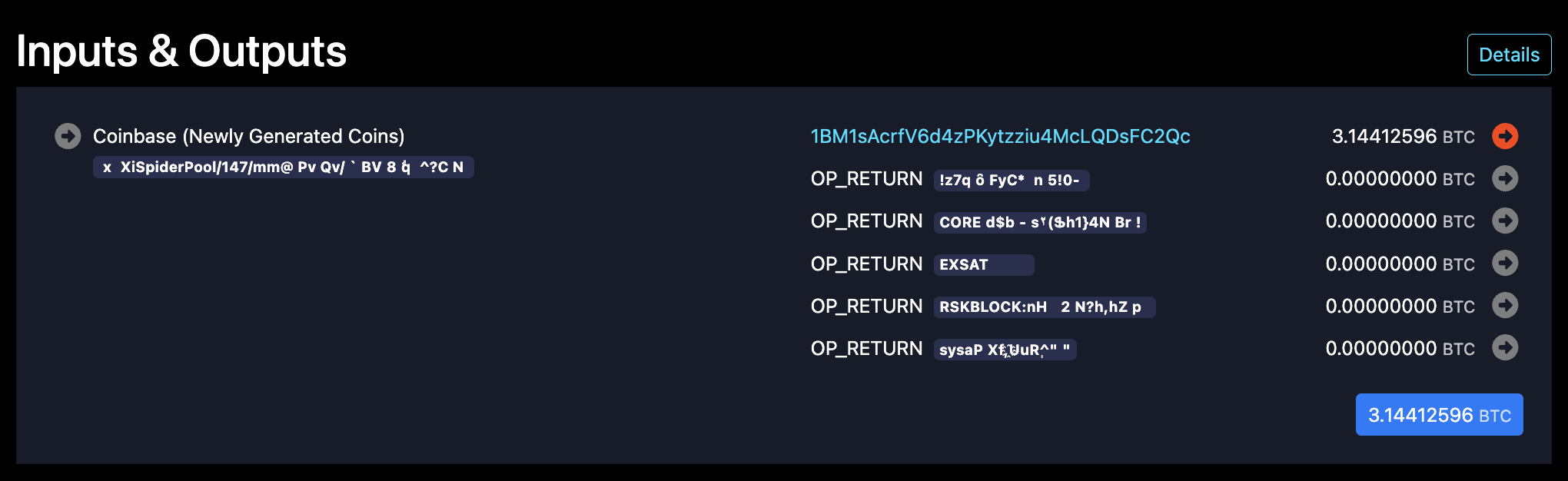 The coinbase of block 948,433 as it appears on [mempool.space](https://mempool.space/block/00000000000000000001144d36d598ad54dc664e6387ce1aae928117c44435dc): multiple zero-value `OP_RETURN` outputs in the `scriptPubKey`s carrying the SegWit witness commitment, merge-mining commitments, and other project/protocol metadata, while the input `scriptSig` carries an AuxPoW marker, showing that this block is also a parent for AuxPoW chains (dissected below).