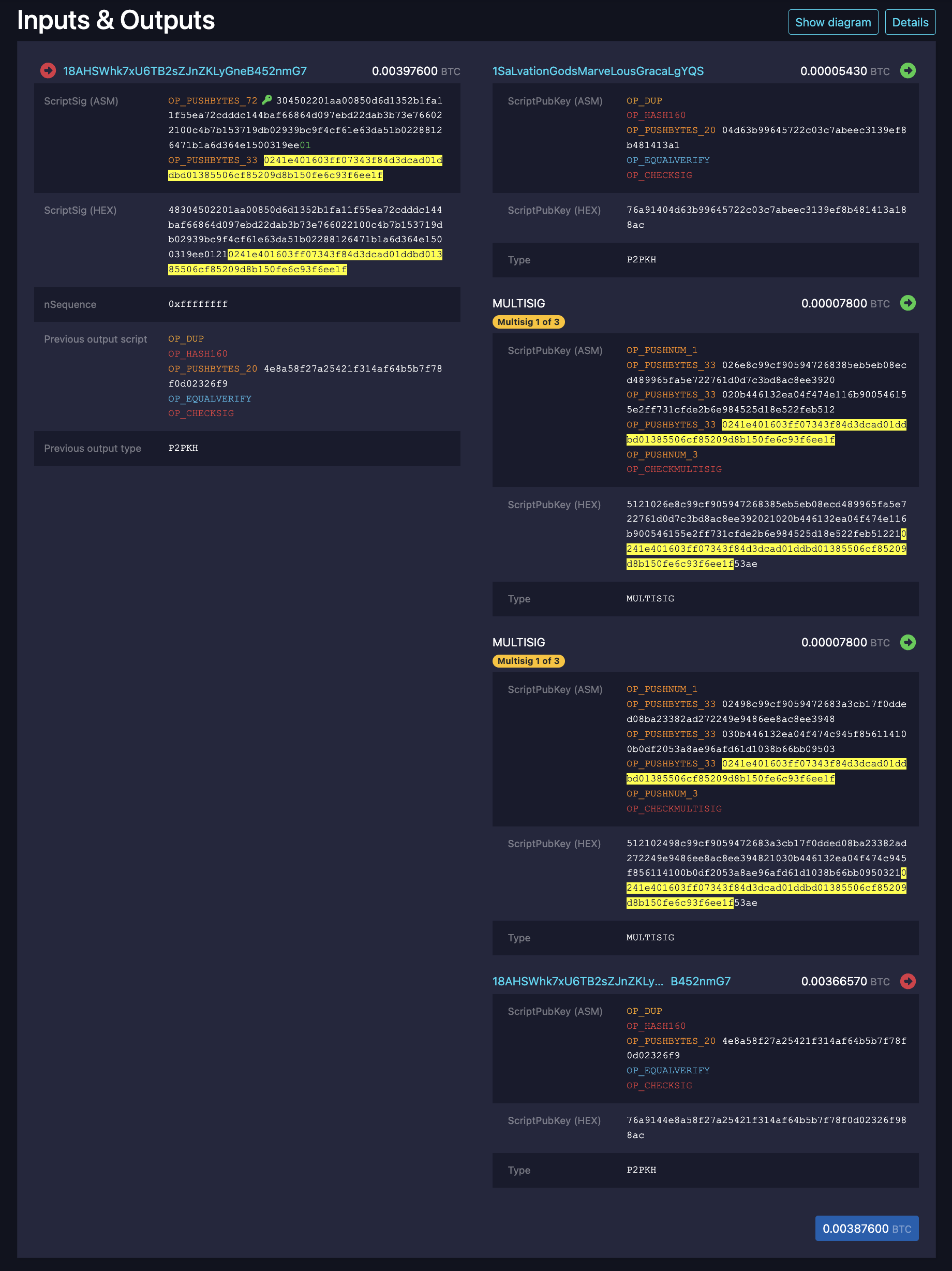 Figure: Counterparty with ARC4 obfuscation transaction details (541e640f...).
