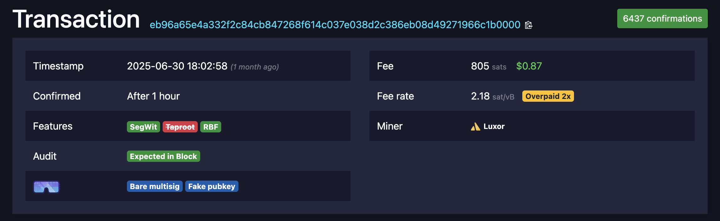 Figure: mempool.space marking the P2MS as having a fake pubkey.