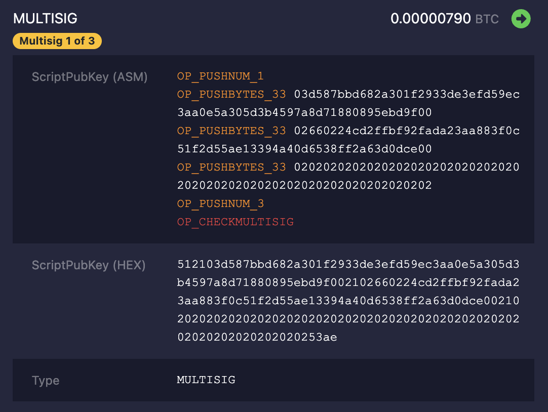 Figure: the first P2MS output as shown on mempool.space.