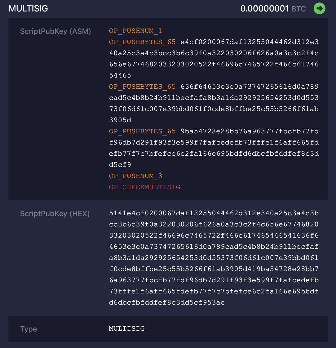 Figure: details of first P2MS output of the Bitcoin whitepaper PDF transaction  (54e48e5f...).